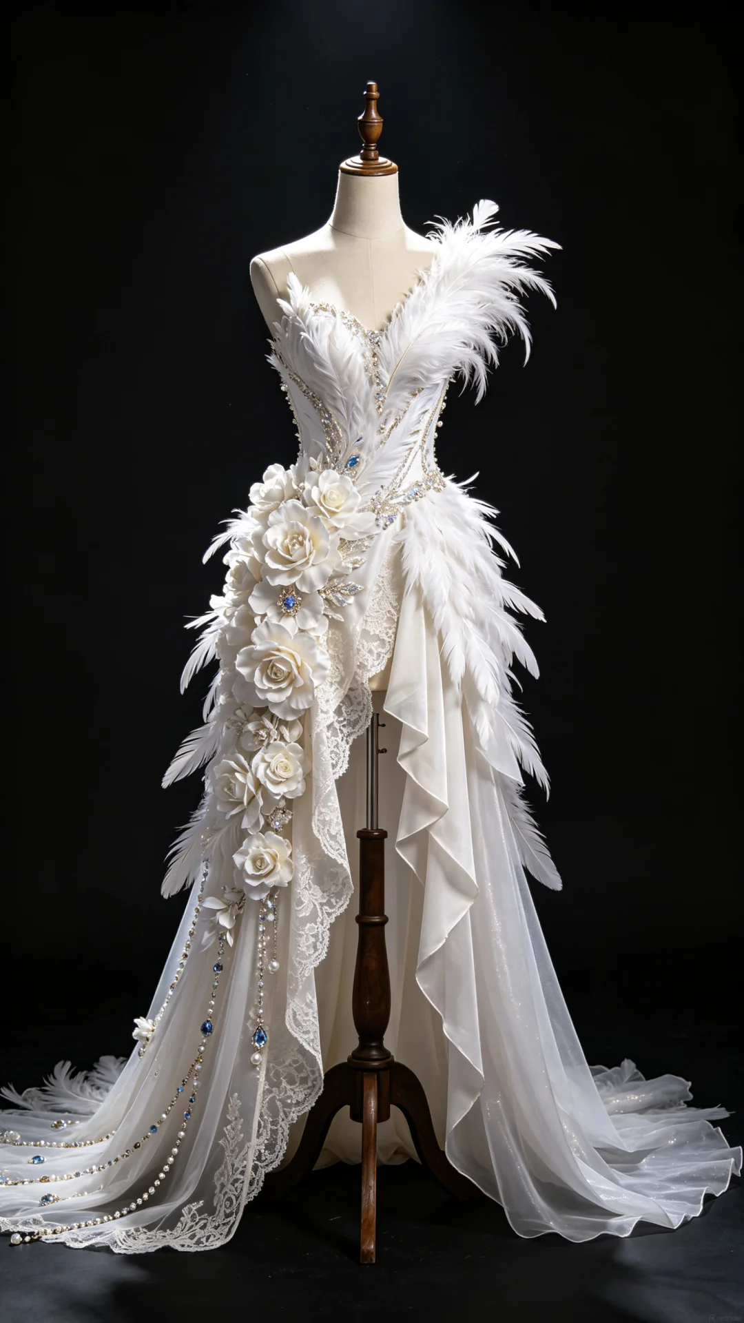 Feather and floral embellished couture gown