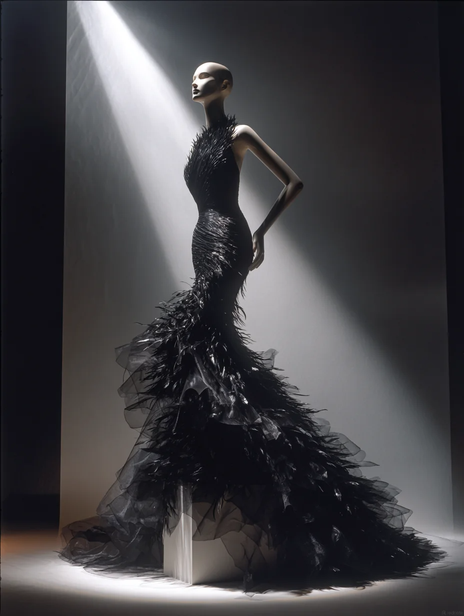Black feather couture gown under a gallery spotlight